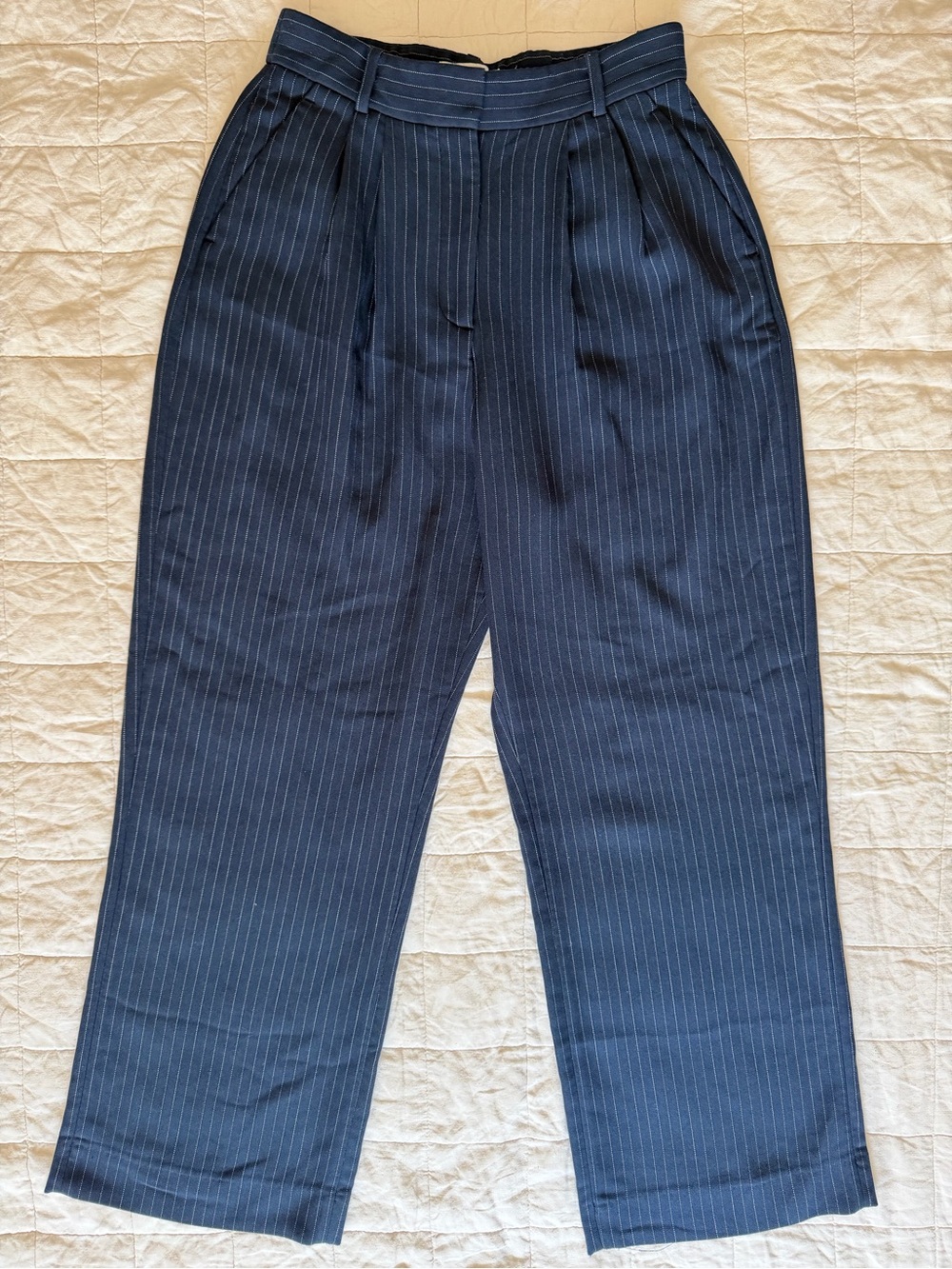 A&F Women's Curve Love Navy Pinstripe Sloane Tailored Wide Leg Pant - 29 / 8 Reg